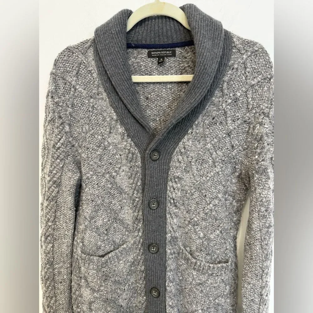 Banana Republic Gray Marled Chunky Cable Knit Cardigan Sweater Men's Small
